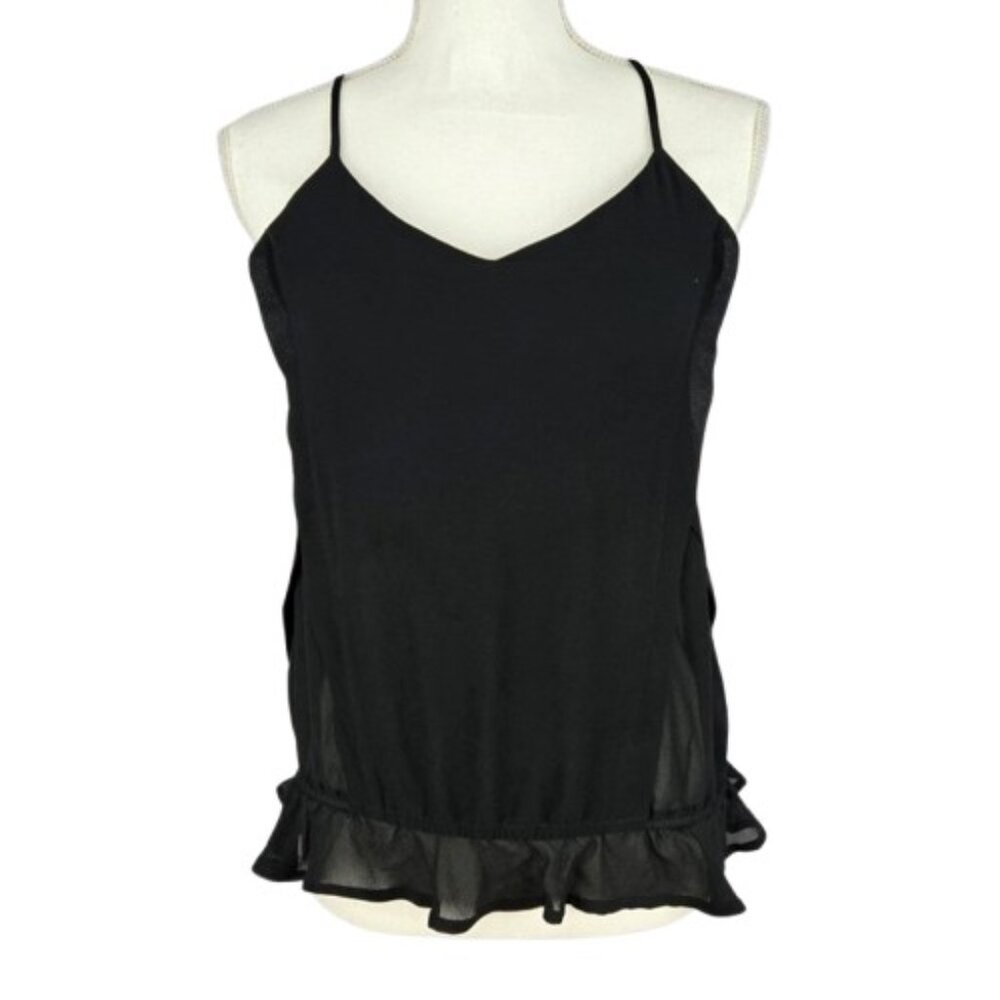 Women’s Sheer Black Ruffle Hem Crop Top Spaghetti Strap Size S